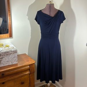 Christopher & Banks Asymetrical Neckline Ruched Navy Cap Sleeve Dress Sz 8